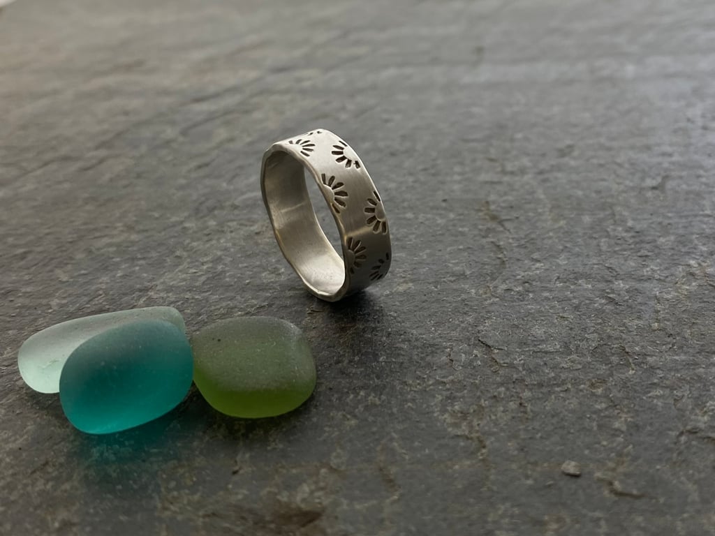 Sterling silver ring, silver band, stamped silver ring, sunshine ring band