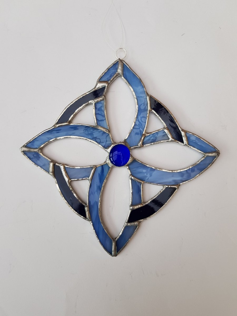 018 Stained Glass Celtic Blue Flower - handmade hanging decoration.