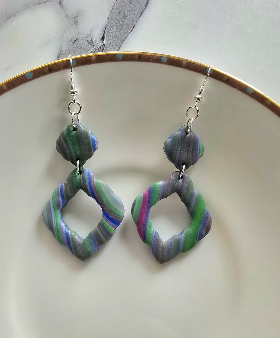 Polymer clay dangle multi colour earrings on silver plated earhooks