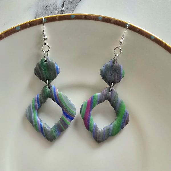 Polymer clay dangle multi colour earrings on silver plated earhooks