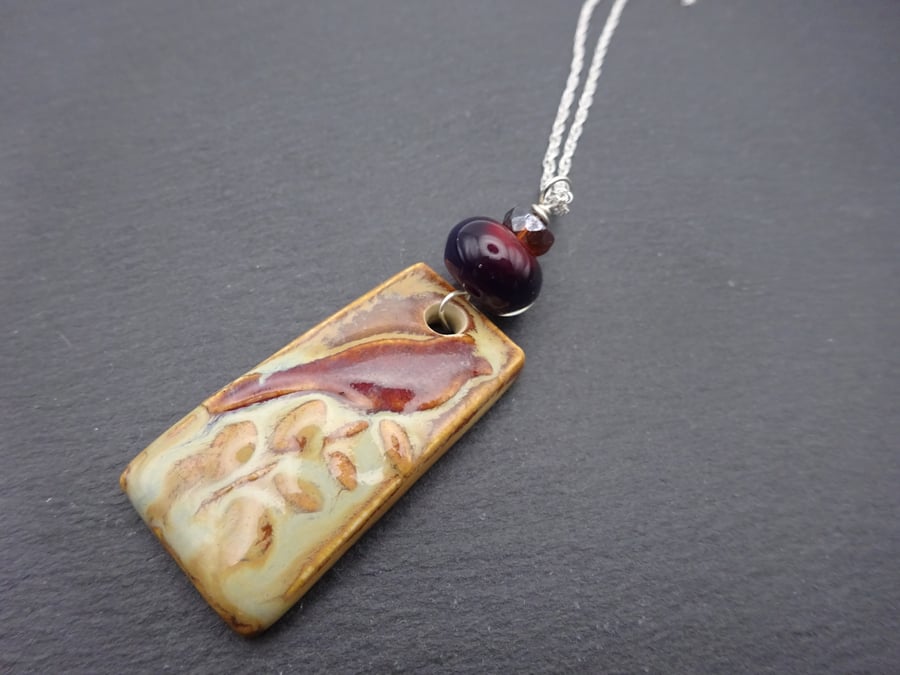 lampwork glass and ceramic bird pendant, sterling silver chain necklace
