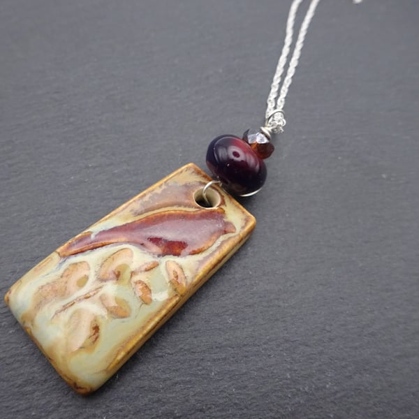 lampwork glass and ceramic bird pendant, sterling silver chain necklace