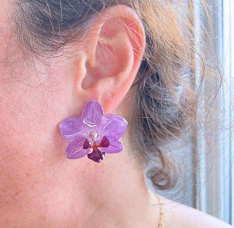 Real Purple Orchid Flower Stud Earrings, Handmade Preserved Flower Jewellery 