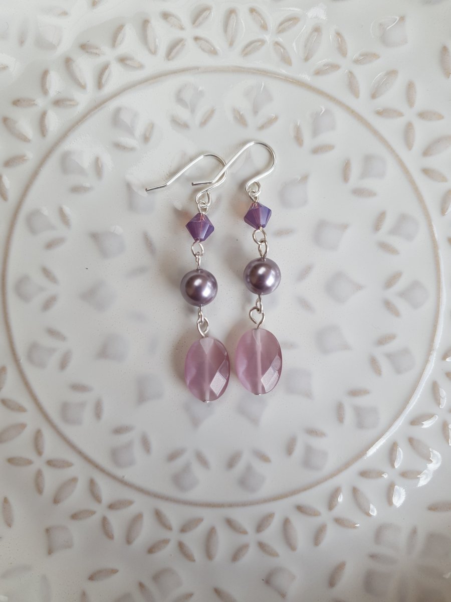 Lilac Triple Stone Swarovski Crystal and Pearl Dangle Earrings