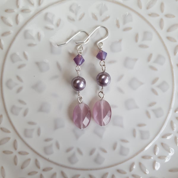 Lilac Triple Stone Swarovski Crystal and Pearl Dangle Earrings