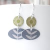 Folk art flower earrings in lime and grey