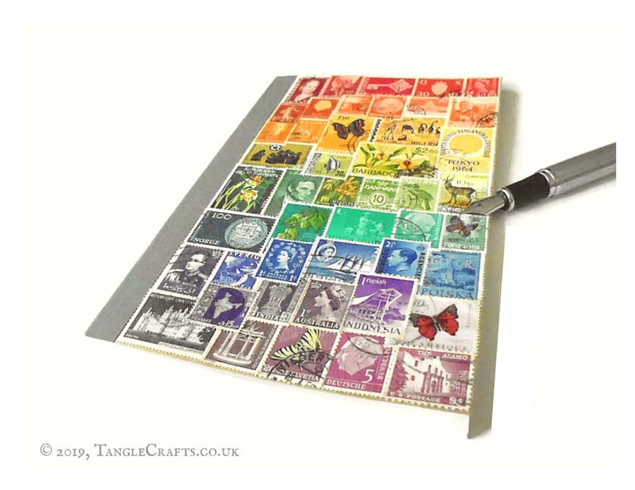 A5 Rainbow Notebook, Recycled Travel Journal - upcycled world postage stamps