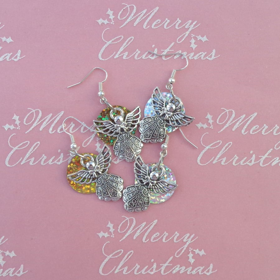 Christmas earrings, novelty angel drop earrings silver & gold holograms 2 pairs