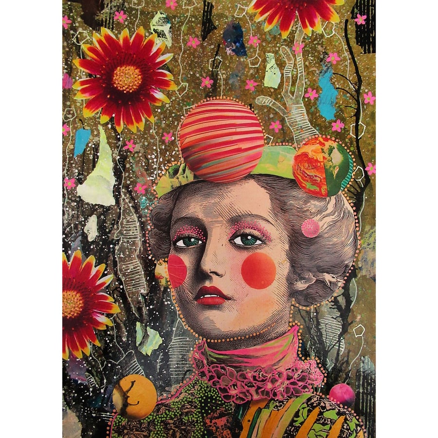 Surreal Female Portrait Pop Art Retro Feminist Figurative Cosmic Floral Elements