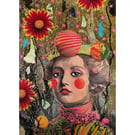 Surreal Female Portrait Pop Art Retro Feminist Figurative Cosmic Floral Elements