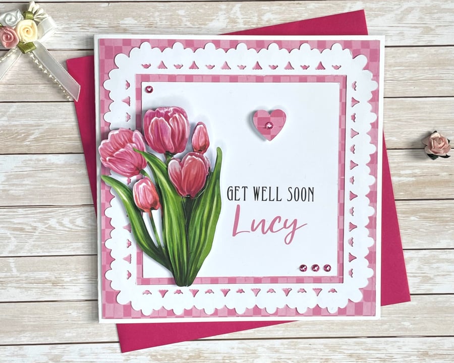 Get Well Soon Card Personalised Tulips Friend Sister Mum Nan Grandma Wife Auntie