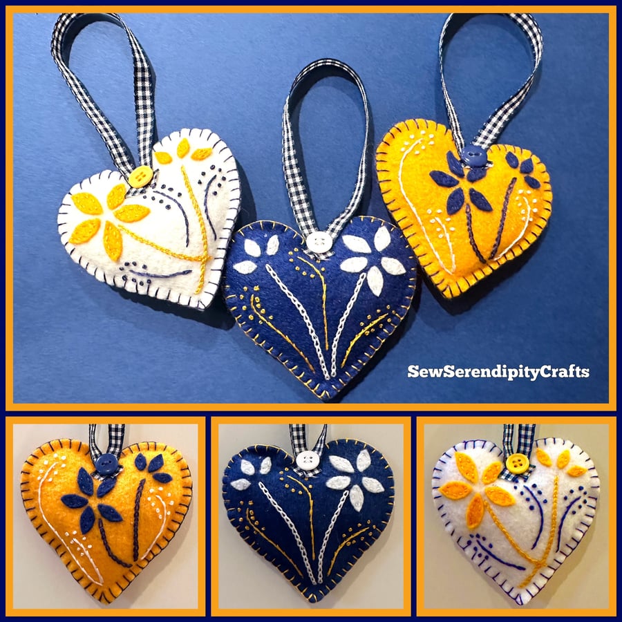 Set of 3 Hand embroidered floral heart hanging ornaments for home decor