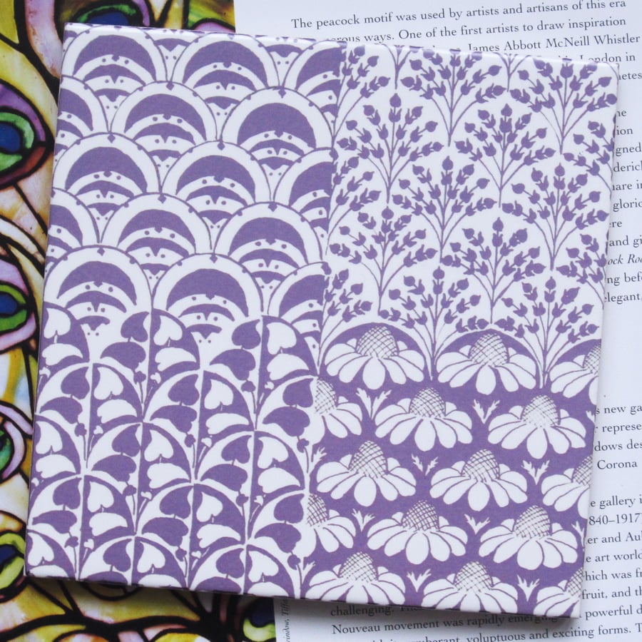 Mauve Floral Patchwork Pattern Ceramic Tile Trivet with Cork Backing