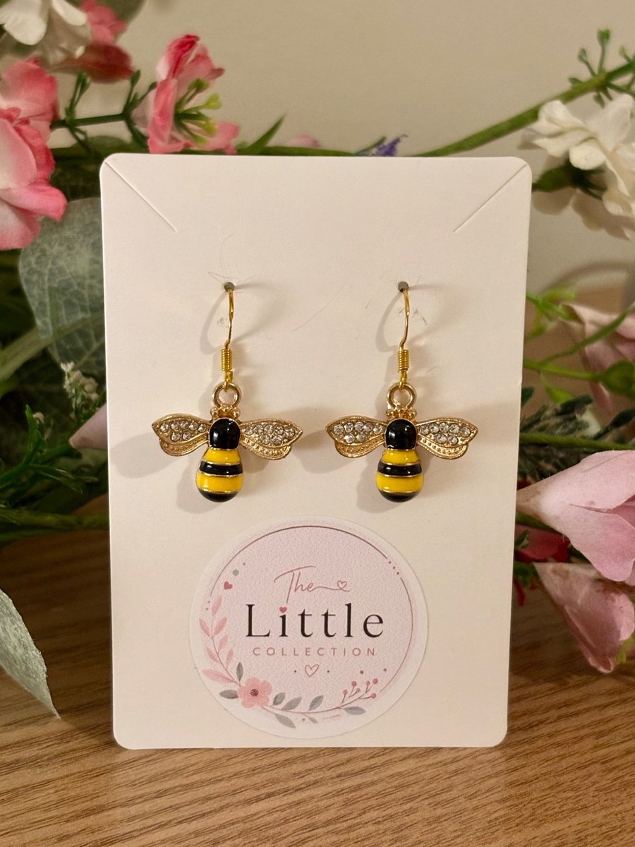 Bee Dangle Earrings, Enamel Bee Charms, Handmade Jewellery 