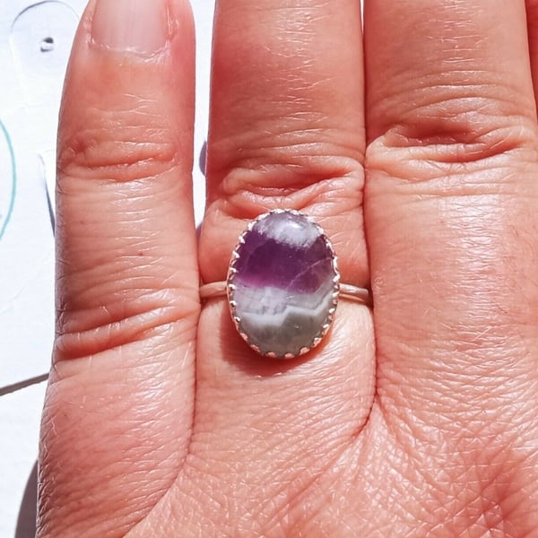 Sterling Silver Adjustable Ring Chevron Amethyst Oval Gemstone