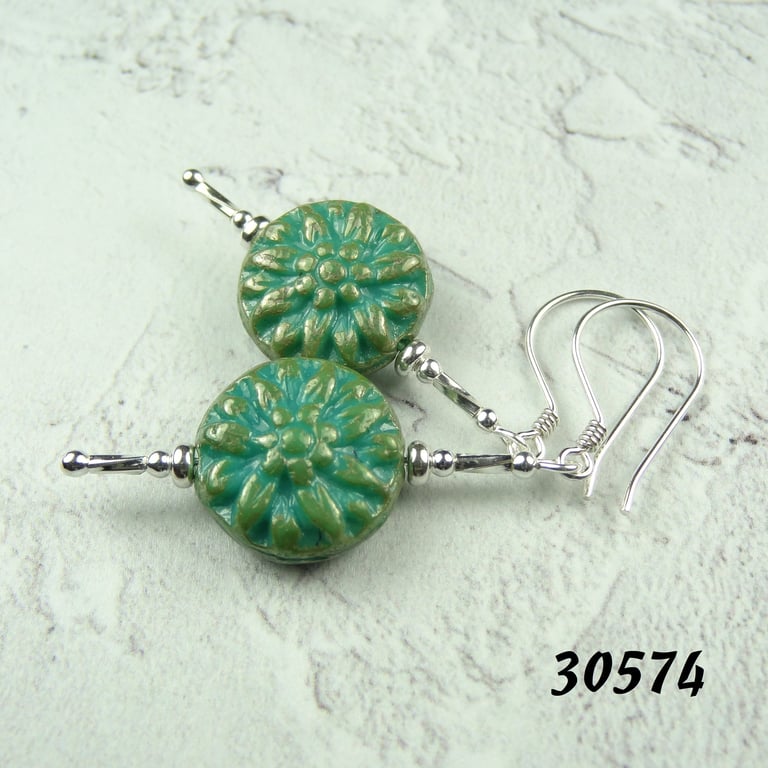 Sterling silver Czech glass turquoise dahlia flower drop earrings, gift box