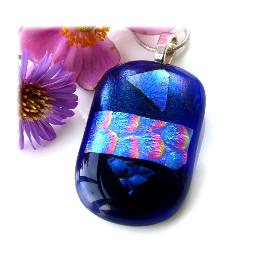 Dichroic Glass Pendant 271 Deep Blue Handmade with silver plated chain