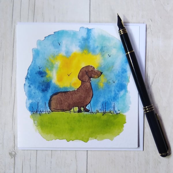 Dachshund Summer card. Dachshund greetings card. Dachshund card.