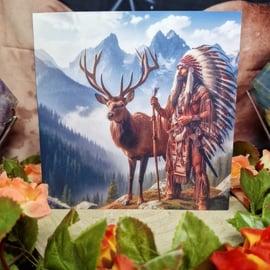 Native Indian Warrior Chief With Spirit Animal Stag Greetings Card 