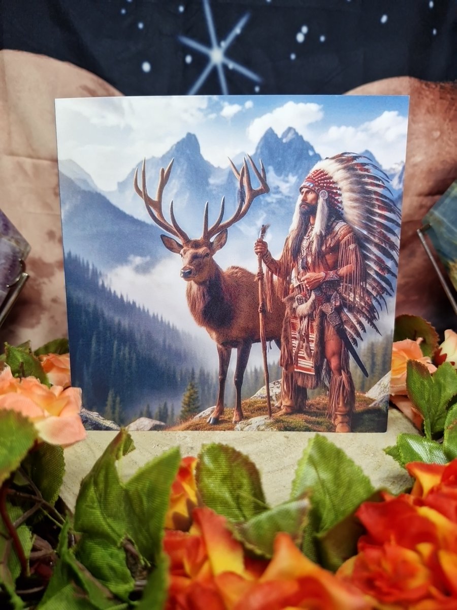 Native Indian Warrior Chief With Spirit Animal Stag Greetings Card 
