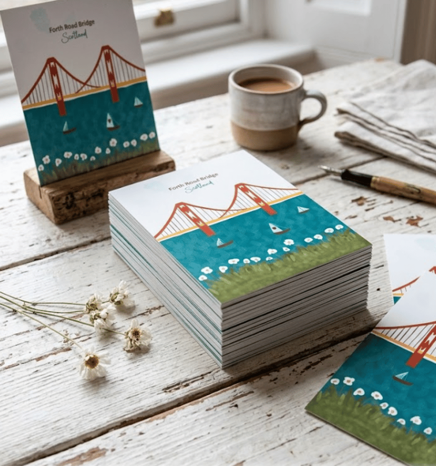 Forth Road Bridge Postcard - Hand-Drawn Scottish Art Postcard - Folksy