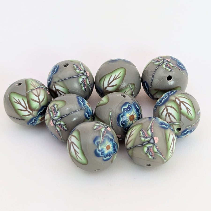 Polymer Clay Dragonfly and Flora Beads  