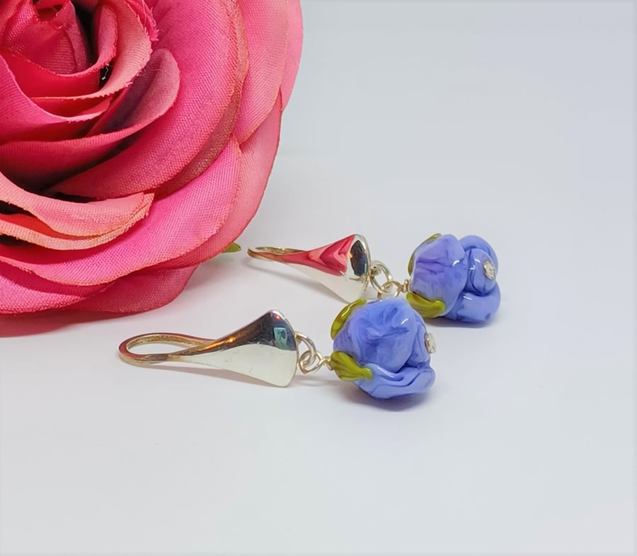 Lampwork Glass Rosebud Earrings for Gardeners, Purple Rose Jewellery, Jewellery 