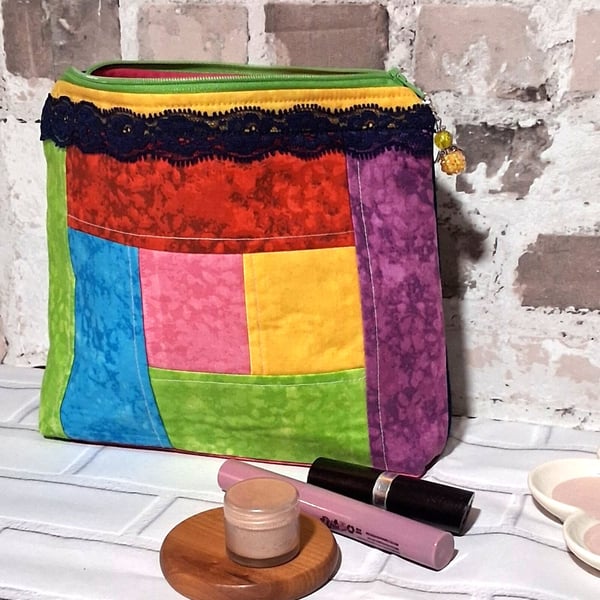 PATCHWORK AND DENIM COSMETIC BAG