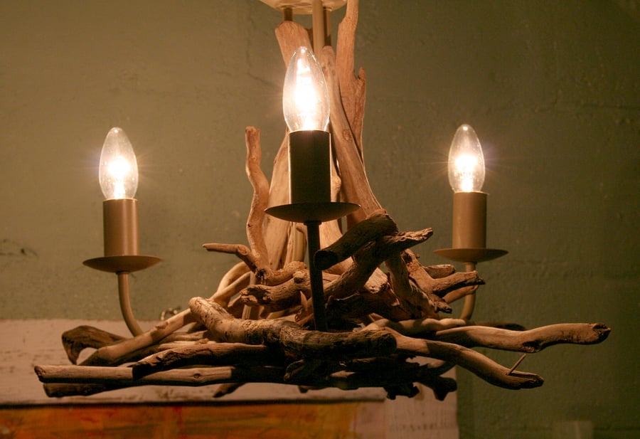 Driftwood chandelier, Drift wood light fitting, three light version