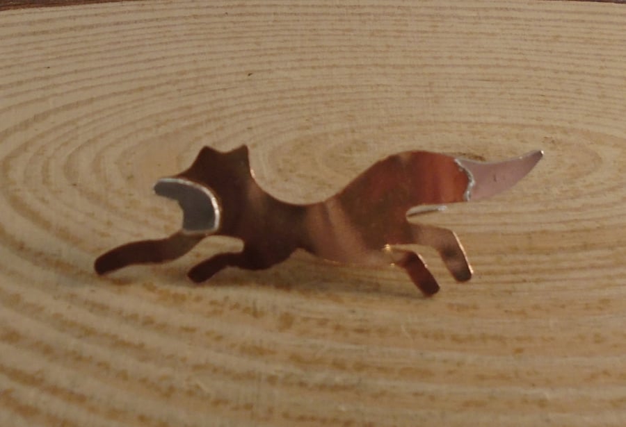 Copper and Sterling Silver Fox Brooch