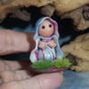 Tiny Meadow Gnome on grassy tableau OOAK Sculpt by Ann Galvin