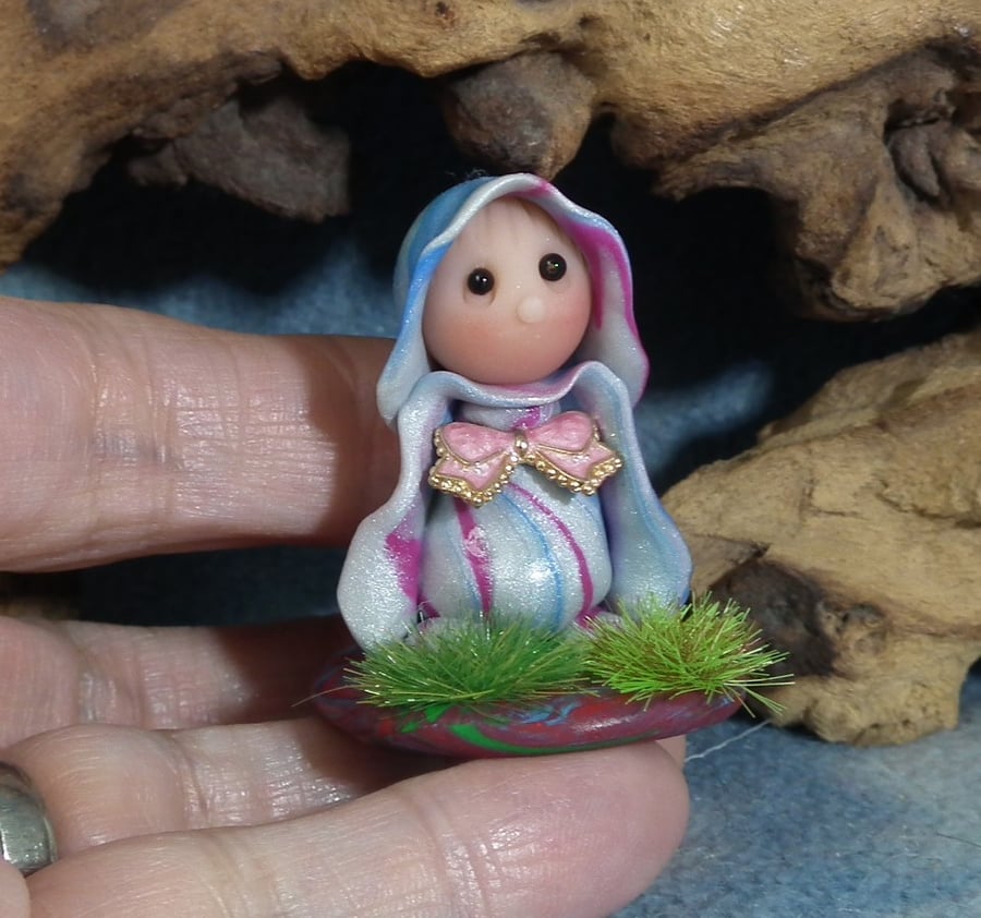 Tiny Meadow Gnome on grassy tableau OOAK Sculpt by Ann Galvin