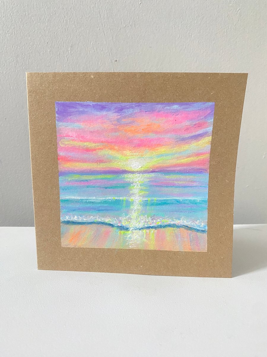 Blank hand painted greetings card sunset seascape