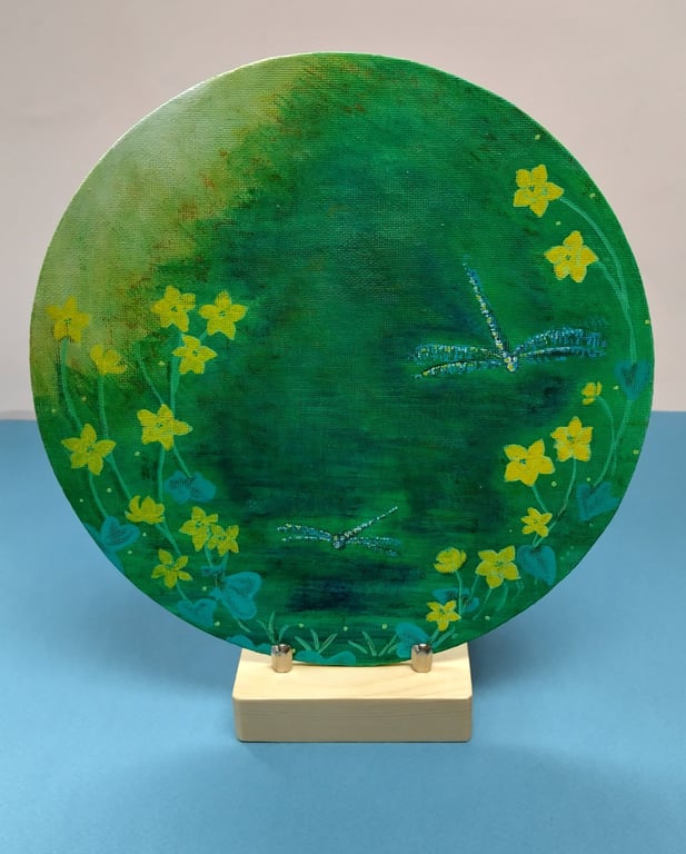 Dragonfly Days - A small original painting on a wooden display stand