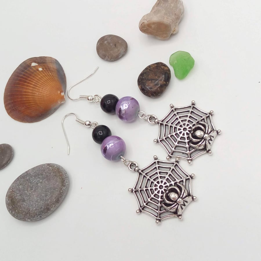 Spider's Web Earrings with Black and Lilac Beads, Spider Earrings