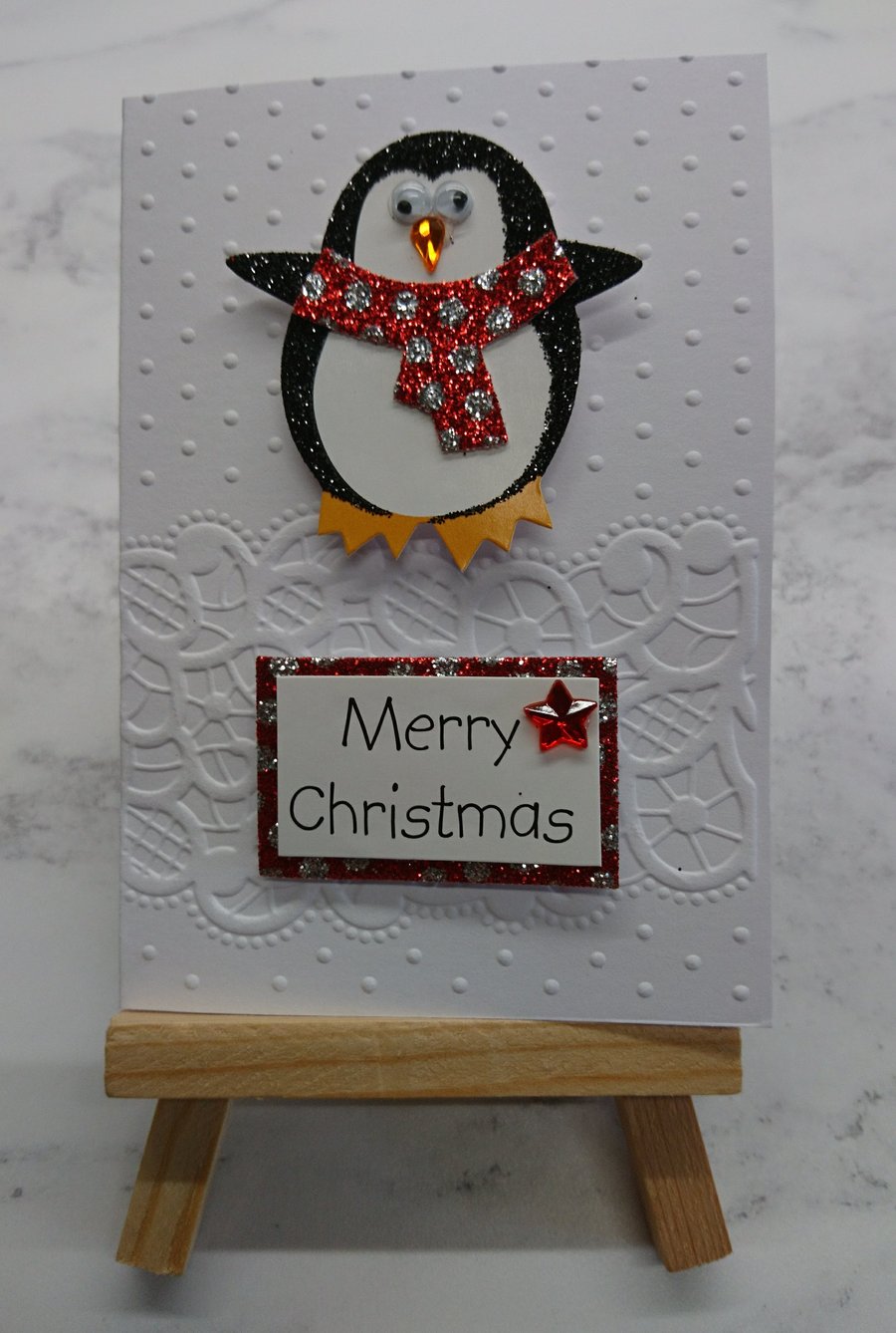 Christmas Gift Card Merry Xmas Penguin Red Polka Dot Scarf 3D Luxury Handmade