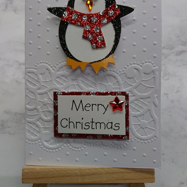 Christmas Gift Card Merry Xmas Penguin Red Polka Dot Scarf 3D Luxury Handmade