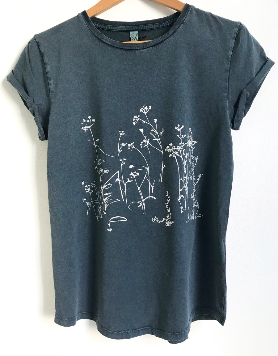 Wild Meadow Flowers stonewash organic cotton denim blue womens printed T shirt 