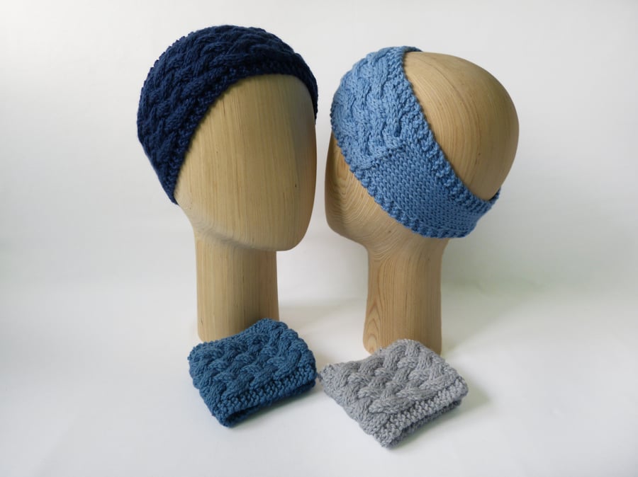 Navy or Blue Hand Knitted Headband Ear Warmer