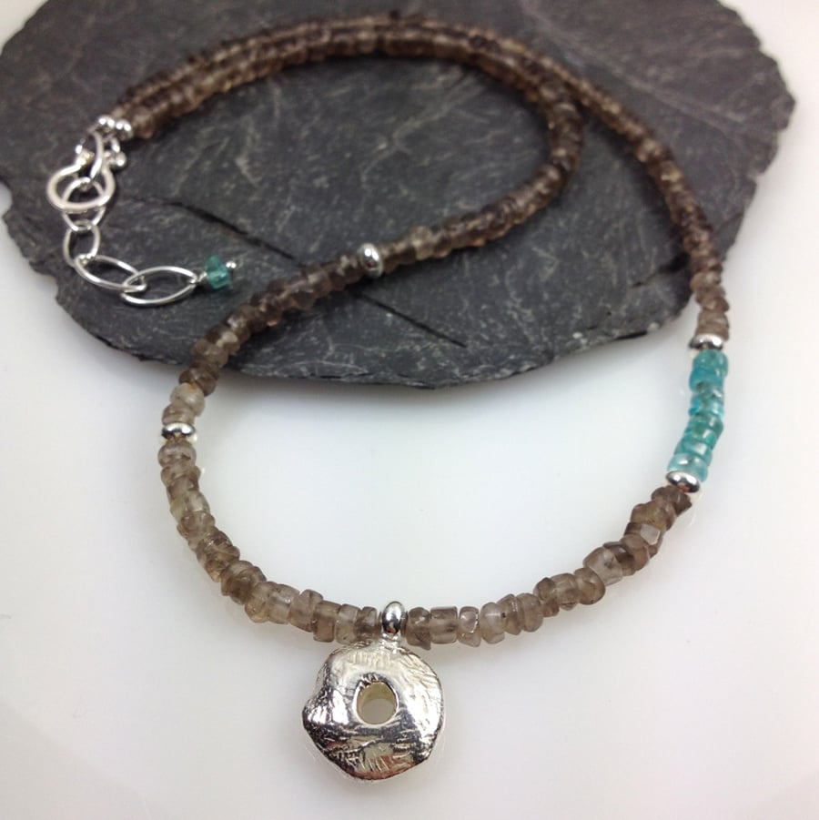 Silver smokey quartz and apatite Rai necklace