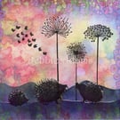 Original framed mixed media picture of silhouette hedgehogs and butterflies 