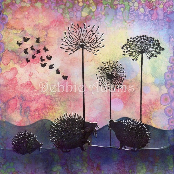Original framed mixed media picture of silhouette hedgehogs and butterflies 