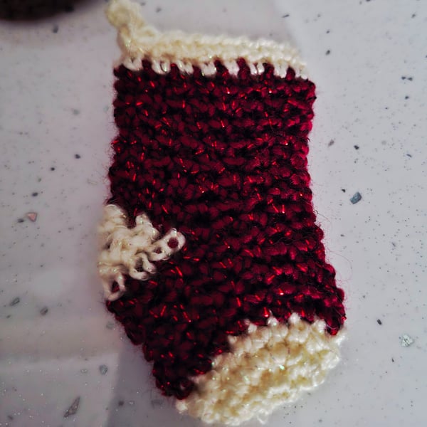 Miniature crocheted festive stocking - red and cream