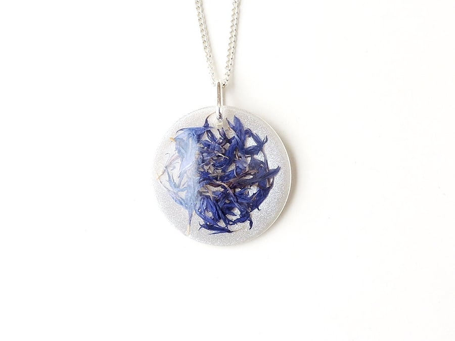 White & Blue Cornflower Petals Resin Necklace (2259)