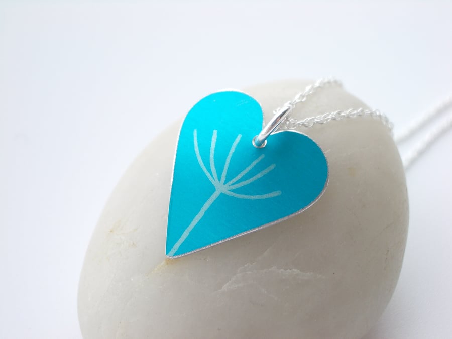Dandelion seed heart pendant necklace in turquoise