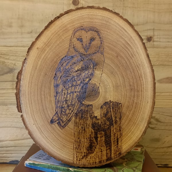 Pyrography Barn Owl wood slice hanging decoration