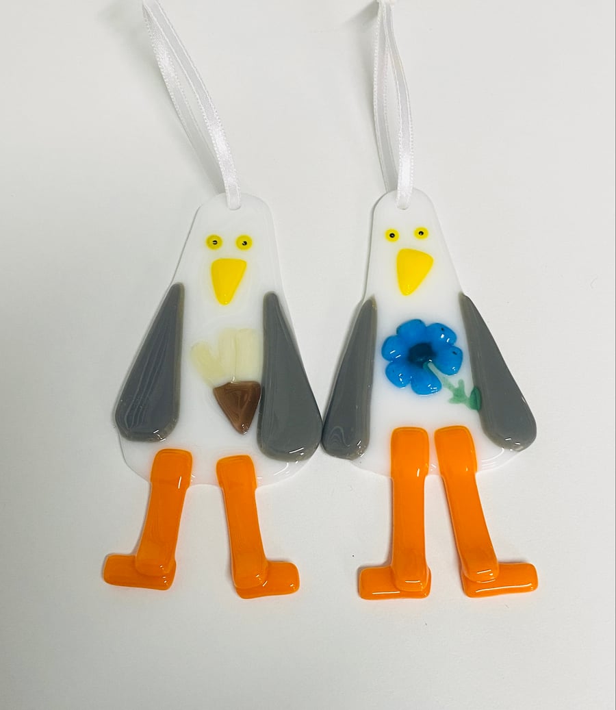 Fleur and Chip - fused glass seagull  hanging pair 