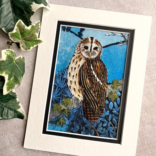 Tawny owl fabric picture, textile owl art, gift for bird lover, owl lover