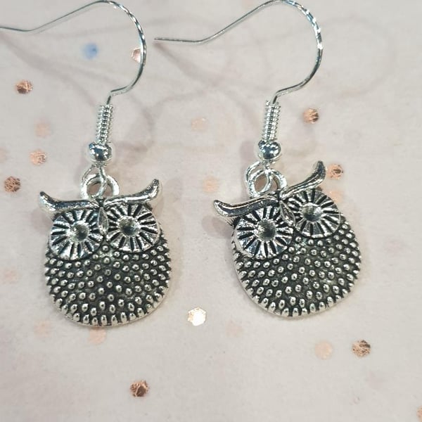 Silver owl earrings with beautiful silver plated owl charms boho style