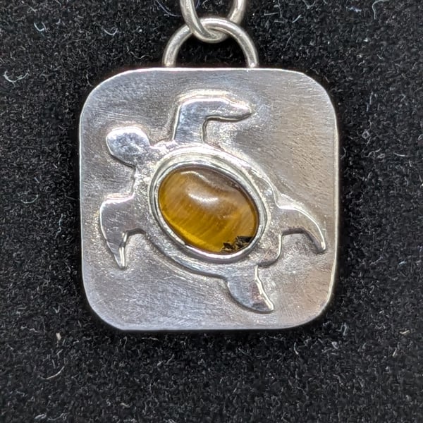 Silver turtle pendant, Silver pendant with Tigers Eye, Sea themed jewellery
